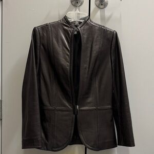 Women's Black Leather Jacket - Classic Collarless Blazer